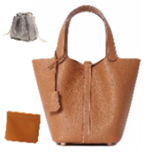 Handbags - Genuine Leather Bucket Bag with Lock Design, Shoulder Satchel Handbag